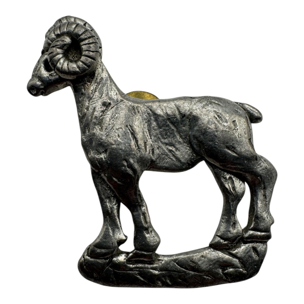 Vintage Pewter Ram‎ Lapel Pin Signed JJ Adams 2”